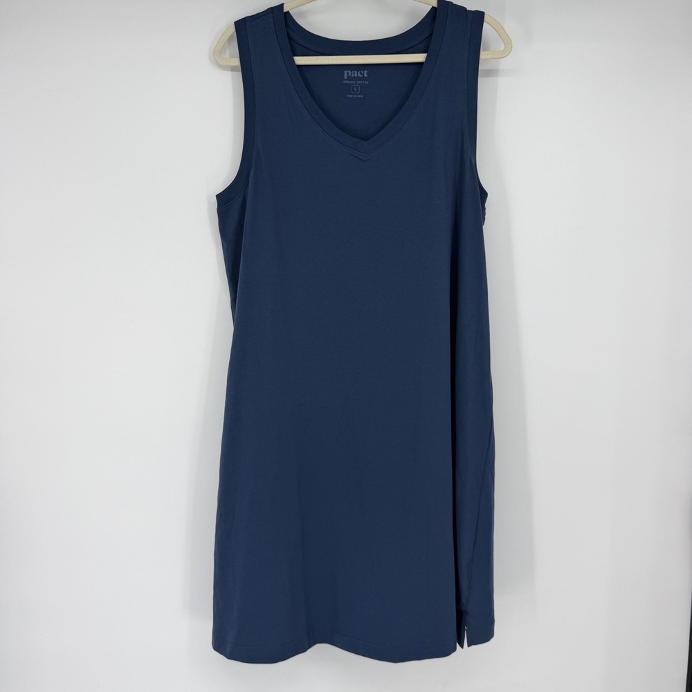 Pact Organic Cotton V-Neck Sleeveless T-Shirt Dress Blue Womens Large L